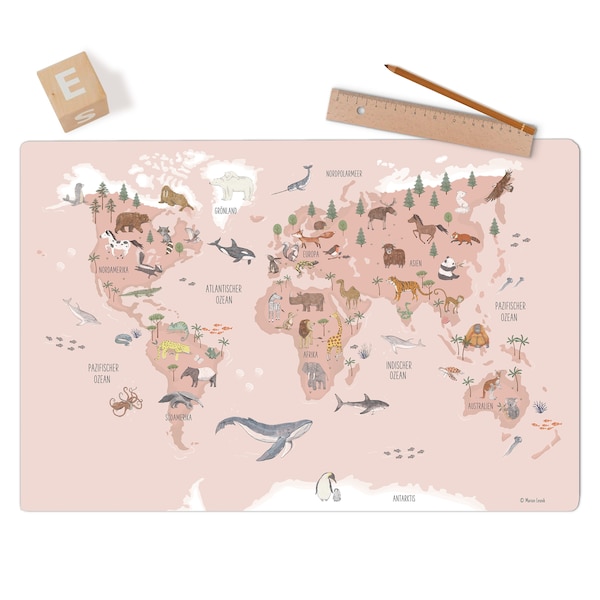 Sous-main carte du monde rose ; lavable; Idée cadeau pour les enfants