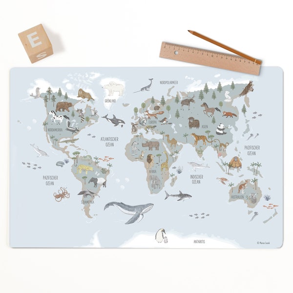 Sous-main de bureau avec animaux de la carte du monde ; lavable; Idée cadeau pour les enfants