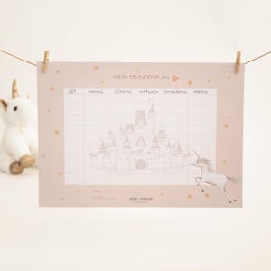 Horaires Château avec licorne ; inscription scolaire, cône scolaire rose