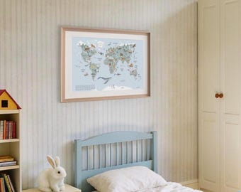 Large world map of animals of the world; blue learning poster