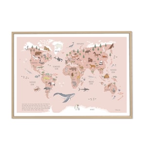 large world map animals in pink, gift idea, wall decoration for children