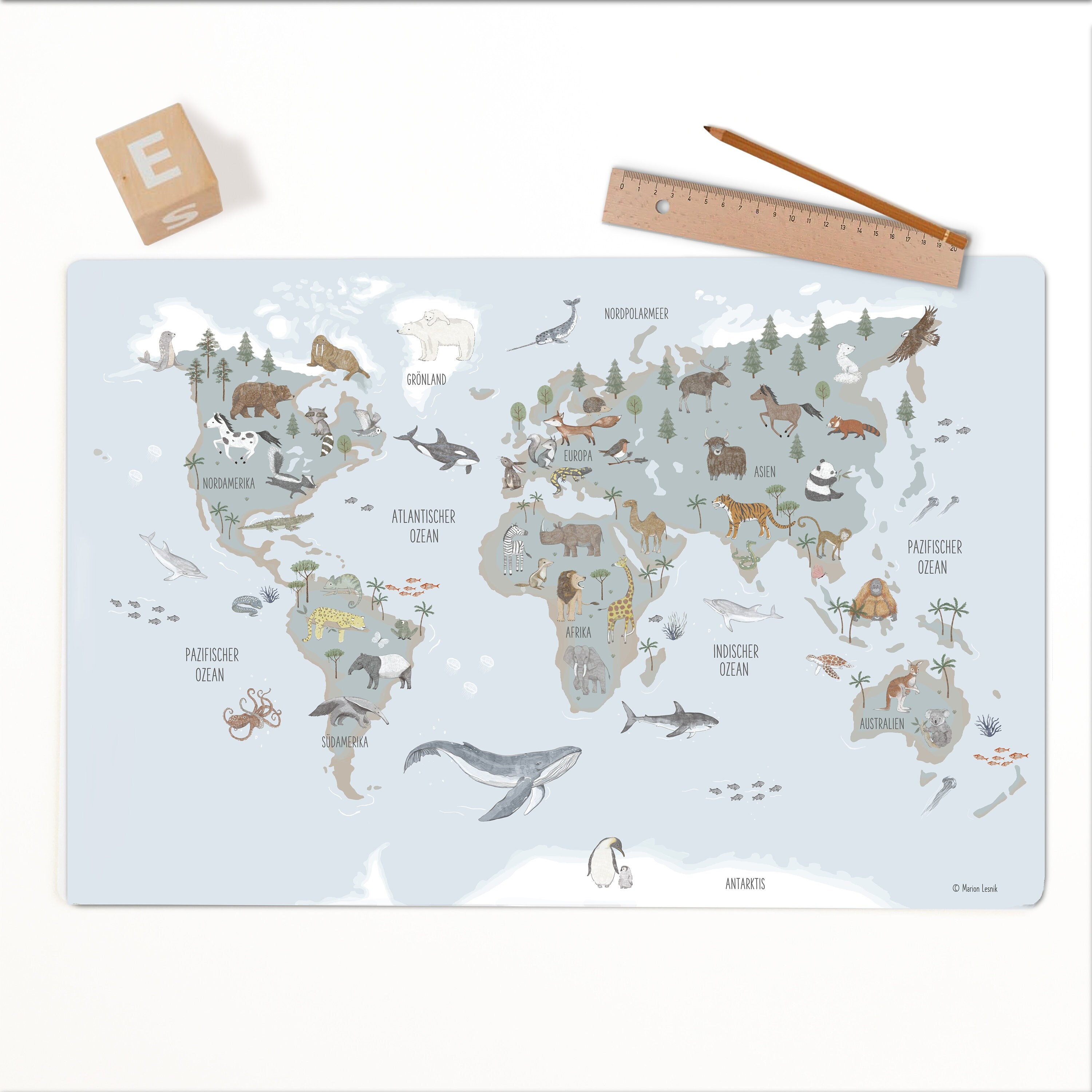 Children's Desk Pad World Map Animals; Washable; Gift Idea - Etsy, image size:3000x3000