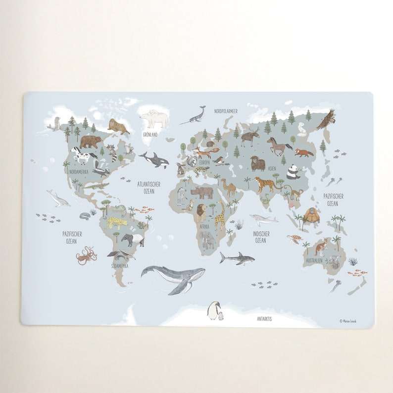 Schreibtischunterlage Weltkarte Tiere abwaschbar Geschenkidee Kinder Bild 3