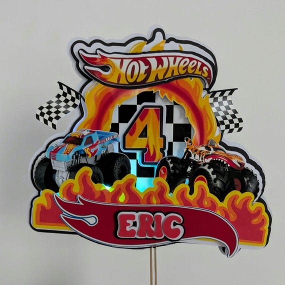 Personalized Hot Wheels Cake Topper, Monster Truck Birthday Decoration, 3D Layered Race Car Party Decor, Custom LED Lighted Name and Age Cak