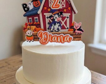 Personalised Halloween Cake Topper | Spooky Barnyard Birthday Decor | Custom Name & Age Cute Farm Animals (Cow, Pig, Sheep, Cockerel)