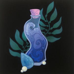 May include: Illustration of a blue potion bottle with a pink cork, filled with swirling blue liquid. The bottle is decorated with white accents and set against a black background with green seaweed and a blue gem.