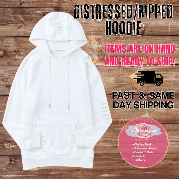 Ripped/Distressed White Hoodie 95/5 Poly/Spandex