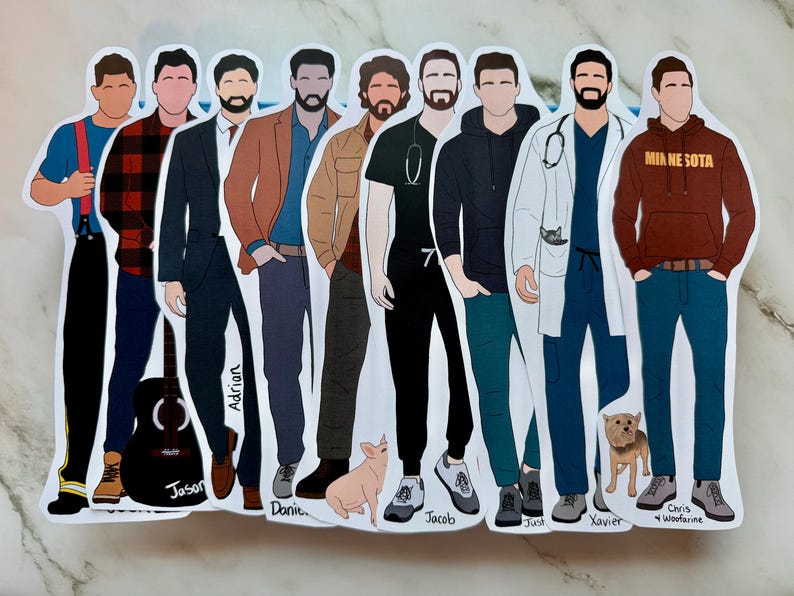 May include: A collection of die-cut stickers featuring stylized illustrations of men in various professions and casual attire. Each figure has a unique outfit and is accompanied by a pet or prop, such as a guitar or stethoscope. The stickers include names.