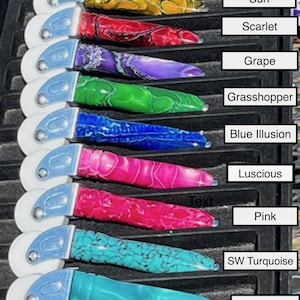 May include: A set of ten colorful rolling pins with different patterns and names, including Cloud, Sun, Scarlet, Grape, Grasshopper, Blue Illusion, Luscious, Pink, SW Turquoise, and Turquoise.