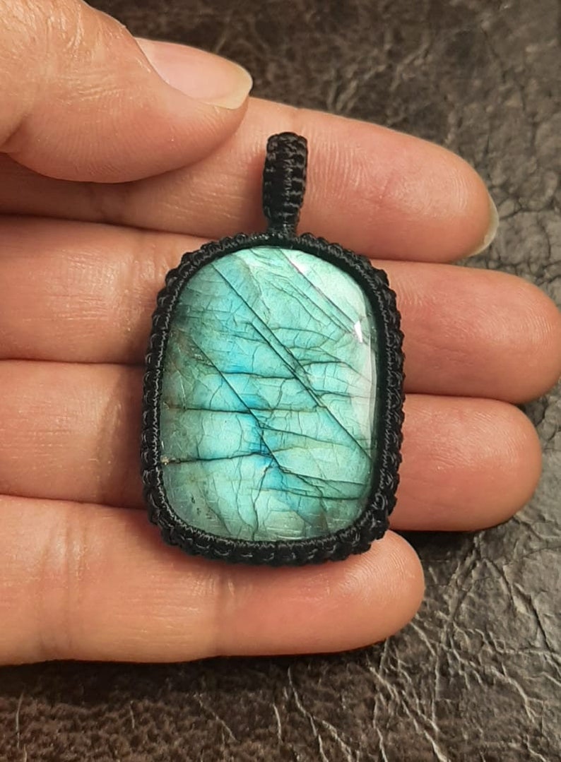Handmade Jewelry for healing Healing Jewelry Boho,Hippie style Labradorite Rectangle Blue Fire Macrame Necklace with healing effect