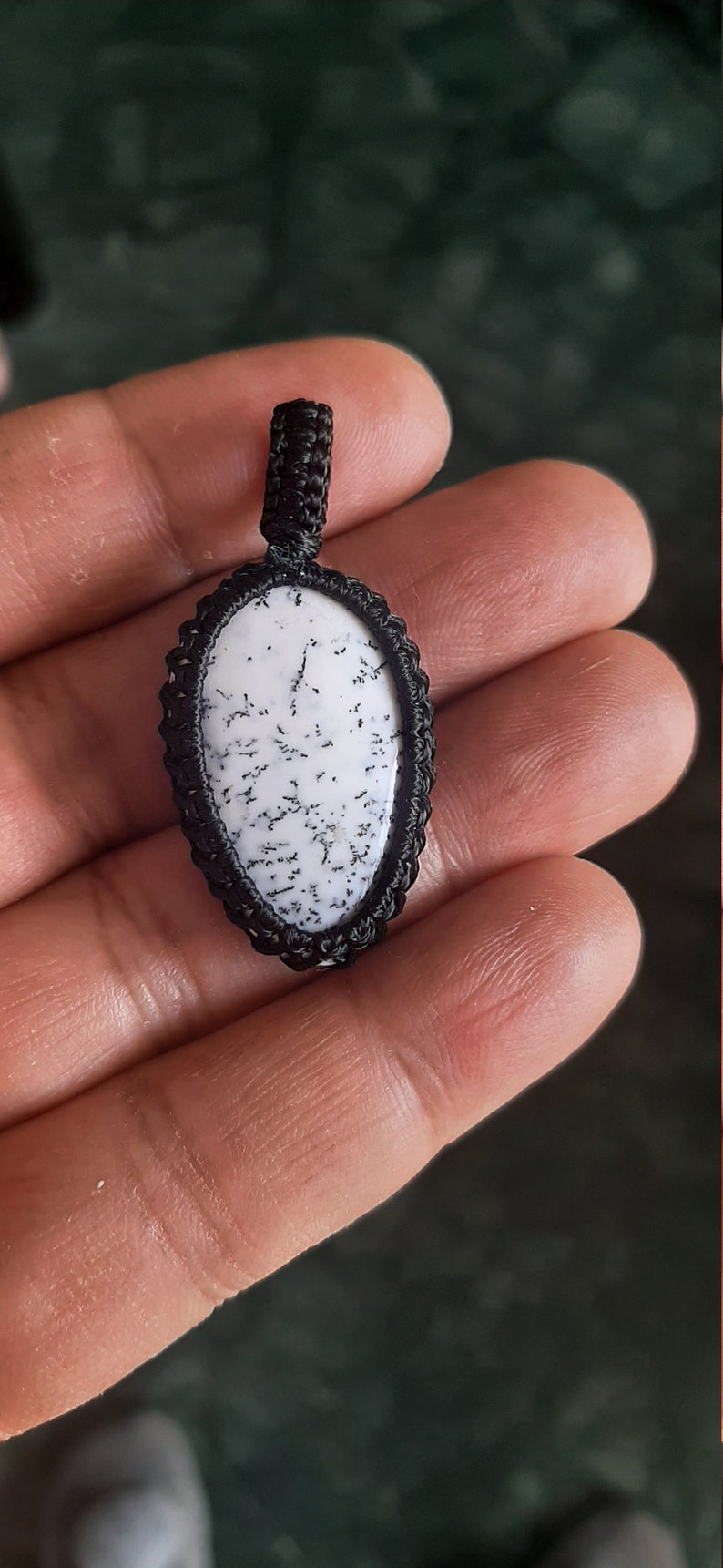 Dendrite opal Macrame Pendant,Oval Shape Pendant,White colour,Size-10-31mm,Weight-33.65ct.,Boho,Hippie,Necklace,Dendrite Handmade Jewelry
