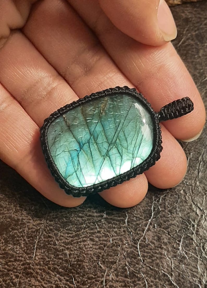 Handmade Jewelry for healing Healing Jewelry Boho,Hippie style Labradorite Rectangle Blue Fire Macrame Necklace with healing effect