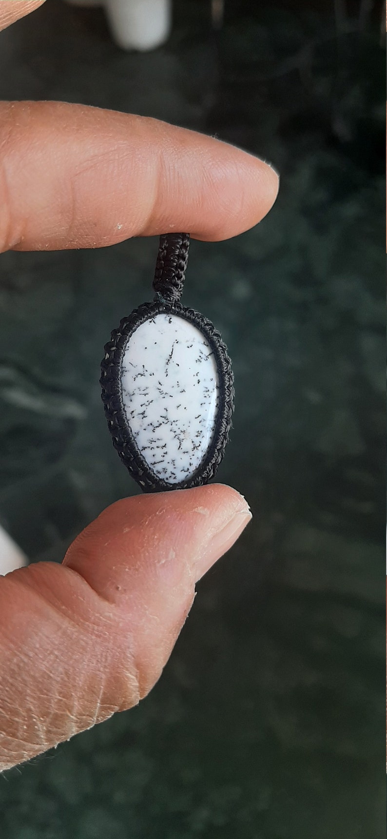 Dendrite opal Macrame Pendant,Oval Shape Pendant,White colour,Size-10-31mm,Weight-33.65ct.,Boho,Hippie,Necklace,Dendrite Handmade Jewelry