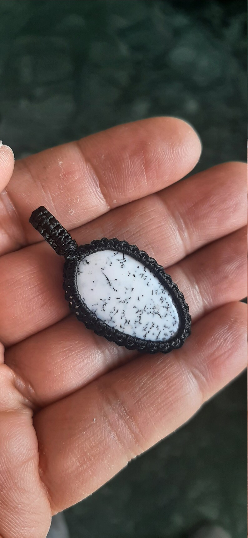 Dendrite opal Macrame Pendant,Oval Shape Pendant,White colour,Size-10-31mm,Weight-33.65ct.,Boho,Hippie,Necklace,Dendrite Handmade Jewelry