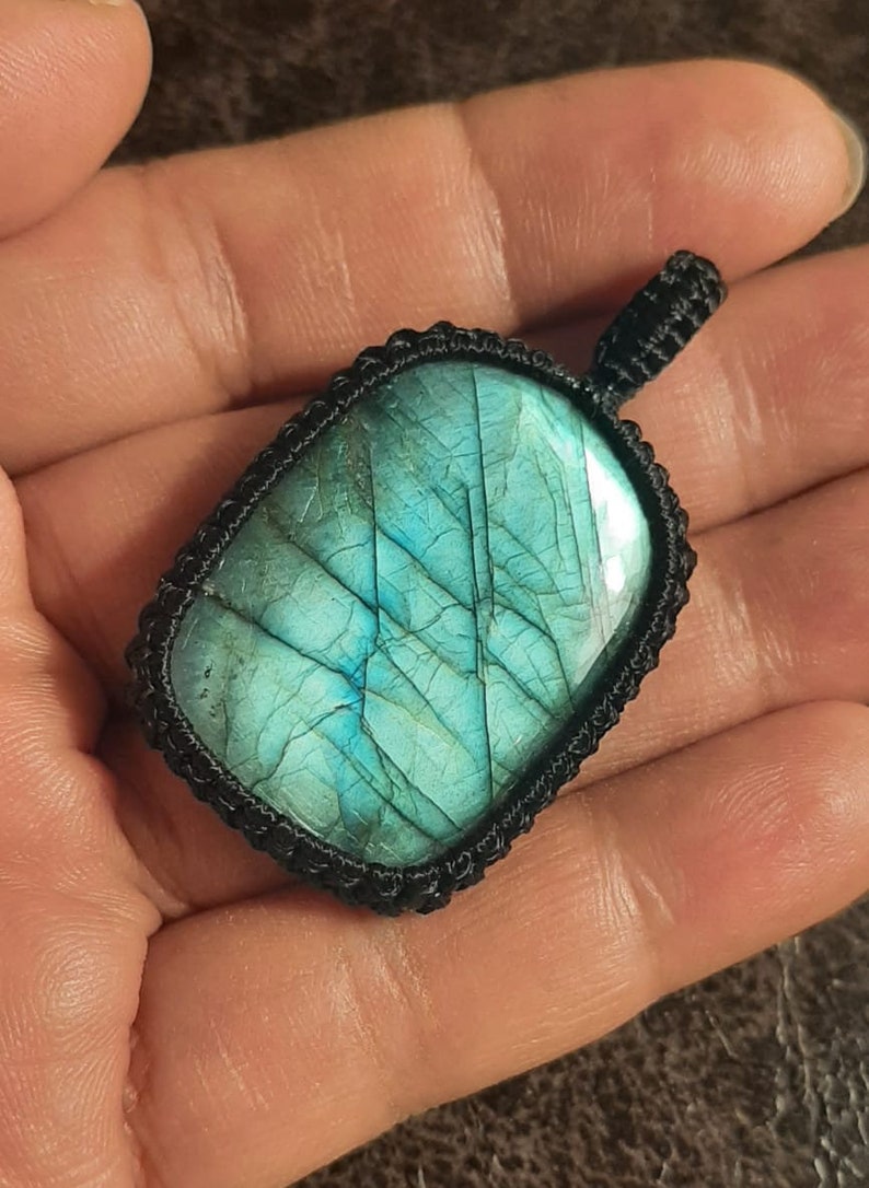 Handmade Jewelry for healing Healing Jewelry Boho,Hippie style Labradorite Rectangle Blue Fire Macrame Necklace with healing effect