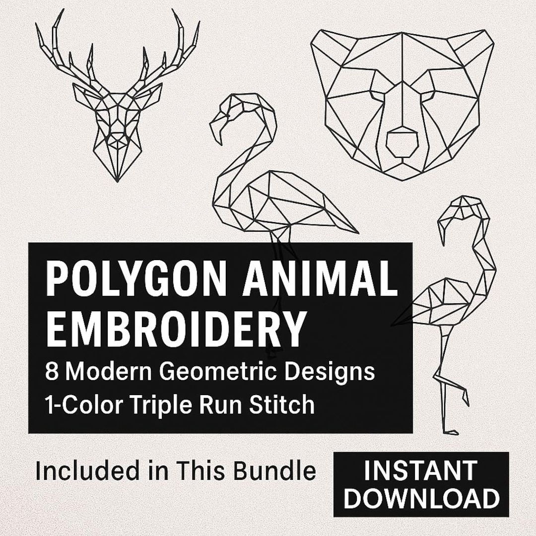 Geometric Animal Embroidery Bundle – 8 Polygon Line Art