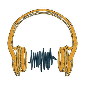 Op de afbeelding: Een gele koptelefoon met een blauwe geluidsgolf grafiek. De koptelefoon is over-ear en heeft een klassiek ontwerp.