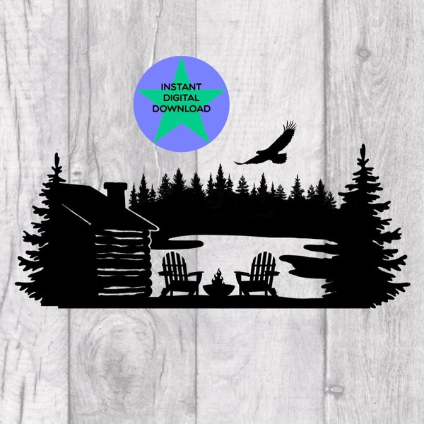 Lake Life, Lake Scene, Log Cabin Lake And Forest Scene Png, Adirondack Chairs Png, Campfire Png, 5 separate Files.