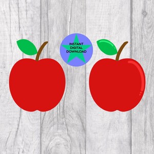 May include: Two red apples with green leaves and stems. The apples are on a white wood background. The text "Instant Digital Download" is in a blue star shape.