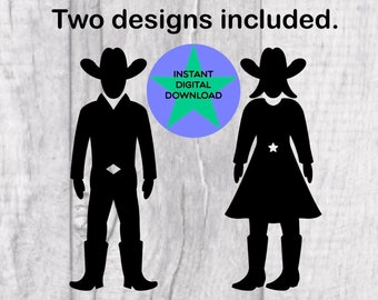 Könnte beinhalten: Zwei digitale Designs einer Cowboy- und Cowgirl-Silhouette in Schwarz vor einem weißen Holz Hintergrund. Der Text "Sofortiger digitaler Download" befindet sich in einem grünen Stern auf einem blauen Kreis.