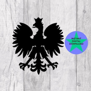 May include: Black silhouette of a Polish eagle with a crown on its head. The eagle is facing right and has its wings spread. The image is on a white wood background.