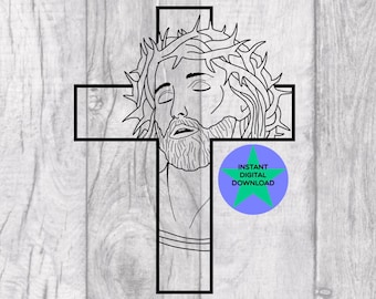 May include: Black and white line art illustration of Jesus Christ on a cross with a crown of thorns. The image is on a wood grain background with a blue star with the text "Instant Digital Download" in green.