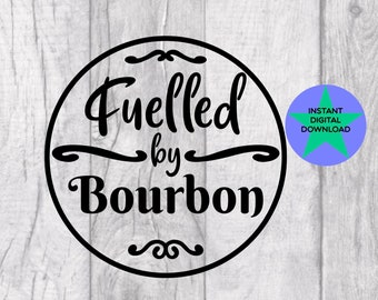 Könnte beinhalten: Schwarzweißes Grafikdesign mit einem Kreis und dem Text "Fuelled by Bourbon".
