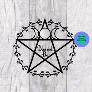 May include: Black and white pentagram with a triple moon symbol and the words "Blessed Be" inside the star. The pentagram is surrounded by a wreath of leaves.