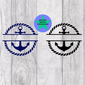 May include: Two split monogram designs featuring an anchor with a rope circle around it. The anchor is blue in one design and black in the other. The designs are on a white wood background.