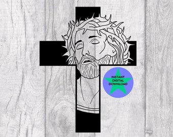 May include: Black and white line art illustration of Jesus Christ on a cross with a crown of thorns. The image has a blue star with the text "Instant Digital Download" in green.