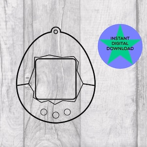 Könnte beinhalten: Schwarzweiß-Linienkunst-Digitaler Download einer Tamagotchi-artigen Handheld-Spielkonsole. Die Konsole hat einen Bildschirm, Knöpfe und eine Schlaufe oben.