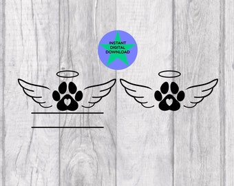 May include: Black and white digital download of two paw prints with angel wings and halos. Each paw print has a small heart in the center.