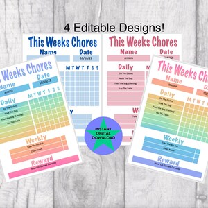 Weekly Printable Chore Chart, Rewards Chart, Kids Chore Chart, Editable Design, Print At Home, Home Chores Sheets, Instant Digital Download.