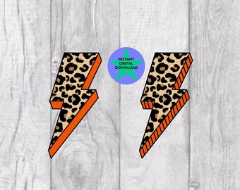 Leopard Print Lightning Bolt Clipart, Orange, T-Shirt Design (Digital Download)
