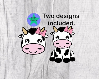 May include: Two digital designs of a cartoon cow with black and white spots and a pink bow. The cow on the left is a head and shoulders image, while the cow on the right is a full body image.