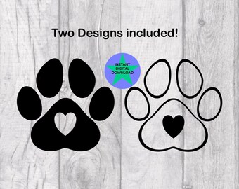 Pata de perro SVG, contorno de pata, detalle de corazón (descarga digital)