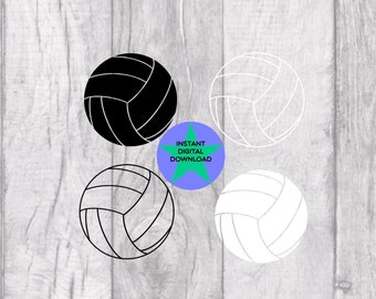May include: Four black and white volleyball designs. The designs are on a white wood background. The text "INSTANT DIGITAL DOWNLOAD" is on a green star.
