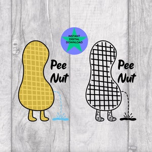 Puede incluir: Dos cacahuetes de dibujos animados con piernas y brazos, uno amarillo y otro blanco y negro, están haciendo pis. El texto "Pee Nut" está escrito al lado de cada cacahuete.