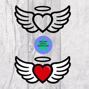 Ailes d’ange avec coeur et Halo SVG, Ailes d’ange avec coeur Svg, Ailes commémoratives, Fichiers Svg & Png, Dessiné à la main, Utilisation commerciale incluse !