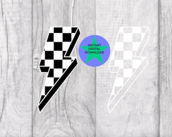 Checkered Lightning Bolt Print, Black and White T-Shirt Design (Digital Download)
