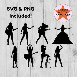 May include: Black silhouette images of female musicians in various poses, including playing guitar, singing with a microphone, and striking a pose. Text at the top reads "SVG & PNG Included!" and a circular orange graphic says "Instant Digital Download".