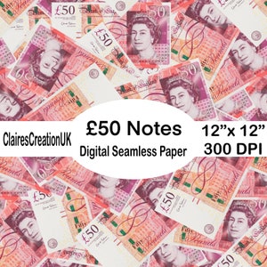 Fifty Pound Note Seamless Money Background - Digital Paper Download, 12 X 12 Seamless patterns, High Resolution.