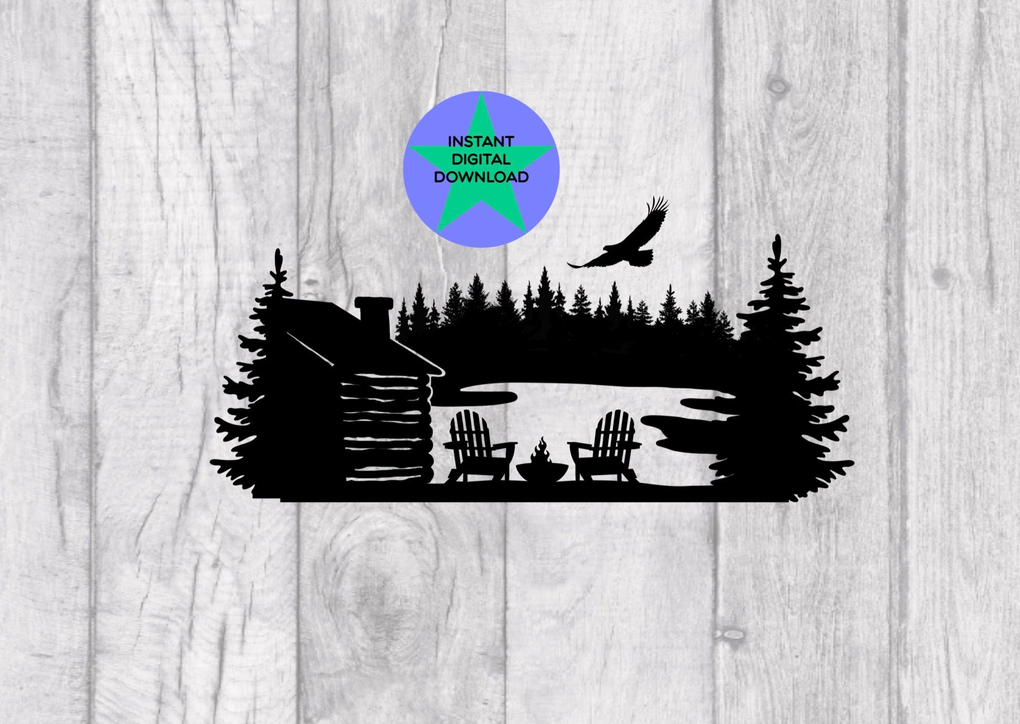 Lake Cabin Scene PNG, Campfire Chairs, Forest View (digital Download) - Etsy, image size:2098x1490