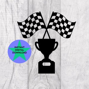 Gekreuzte Racing Flaggen mit Trophäe SVG, Zielflagge, Zielflagge, Flagge und Trophäe, kommerzielle Nutzung! Funktioniert mit Cricut, SVG & PNG
