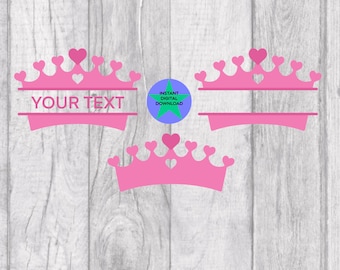 May include: Three pink princess crowns with heart details. The top crown has a space for text that says "YOUR TEXT".