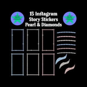 May include: 15 Instagram story stickers featuring pearl and diamond designs. The stickers include frames, lines, and swirls.