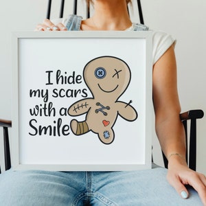 Oculto mis cicatrices con una sonrisa, diseño de salud mental, sublimación de camisetas, dibujado a mano, descarga digital, archivo PNG 300 DPI.