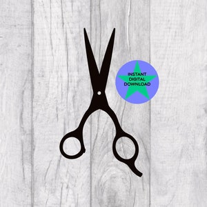 May include: Black silhouette of a pair of scissors on a white wood background. The text "INSTANT DIGITAL DOWNLOAD" is in a green star on a blue circle.