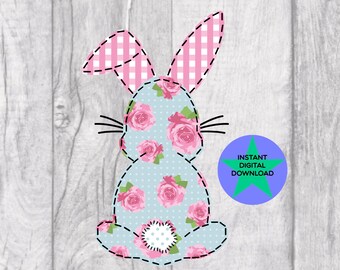 Faux Applique Easter Bunny, Hand Drawn PNG (Digital Download)