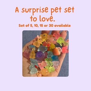 May include: A handful of brightly coloured, translucent miniature animal figurines, including rabbits, ducks, and fish. The image includes the text "A surprise pet set to love. Set of 5, 10, 15 or 30 available."